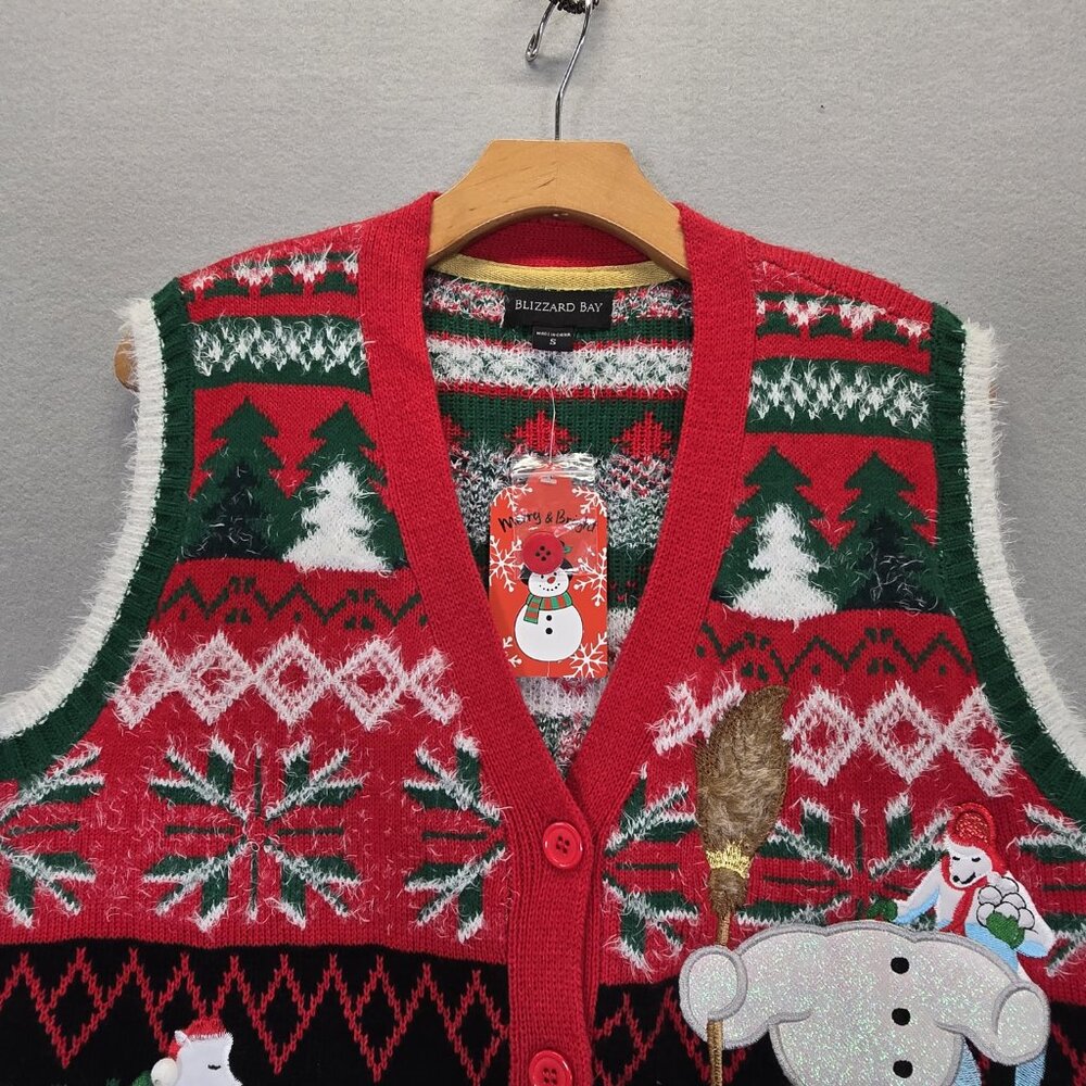 Blizzard Bay Red Green Snowman Ugly Christmas Vest S - Picture 3 of 9